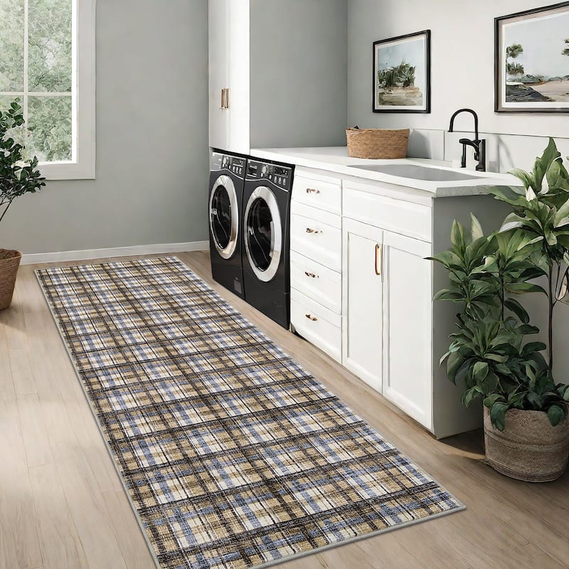 Garvee Timeless Check Washable Area Rug - 2'x6' - Blue/Camel