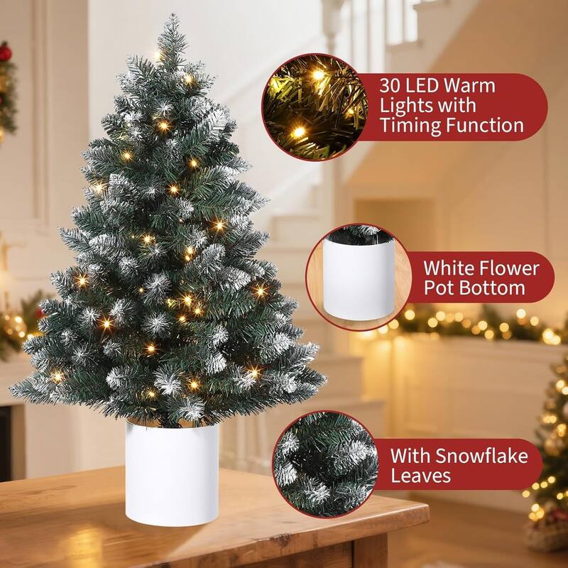 3 Feet Small Pre-Lit Snow Flocked Christmas Tree for Tabletop Decor - 3 ft