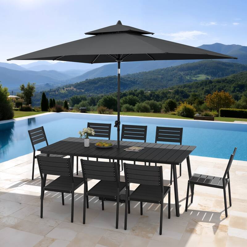 11PC Outdoor Patio Dining Set Aluminum Table with Stackable Chairs w/ Premium Market Umbrella Sets - BlackTable&BlackChairs&BlackUmbrella