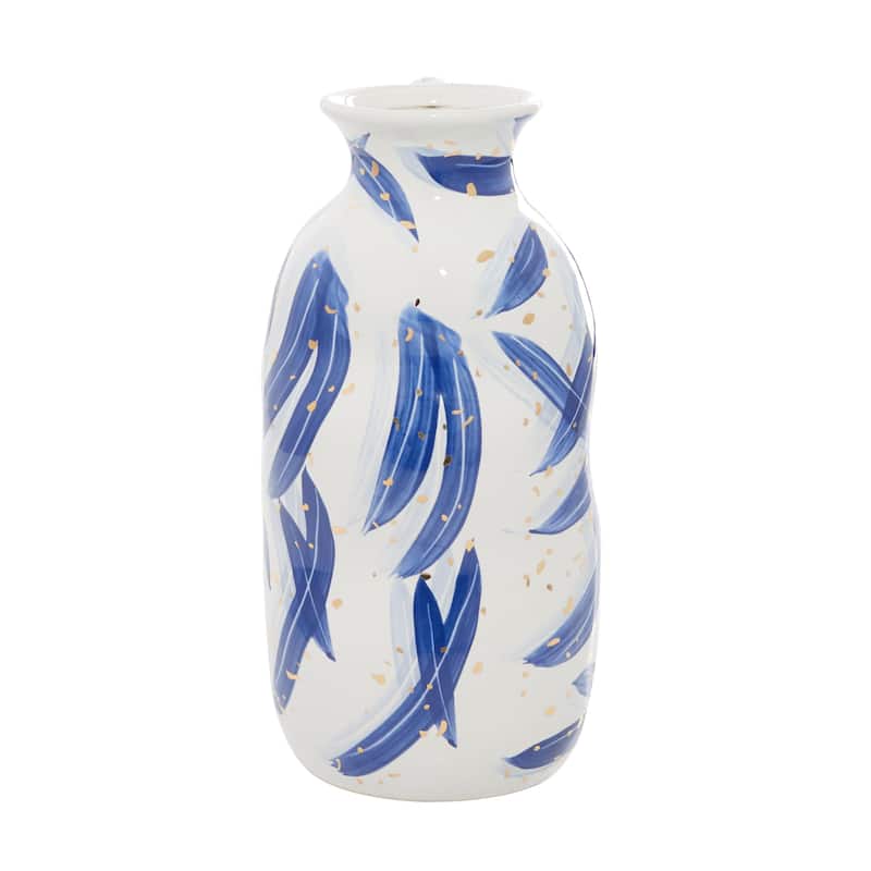 Ceramic Handmade Vase with Blue Leaf Design - Blue - Roche River Decor