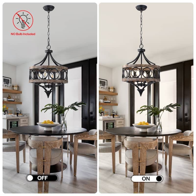 Cusp Barn 4-Light Farmhouse Drum Wood Chandelier, 16'' Rustic Pendant Light, Round Metal Hanging Light Fixture for Dining Room