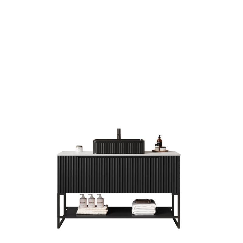 GDFStudio - Tulio 48" Freestanding Bathroom Vanity with 3 Doors, Open Shelf & Black Rectangular Ceramic Basin, WITHOUT Faucet