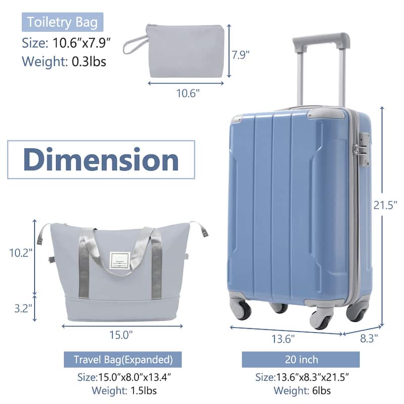 Anmytek 3 Piece Luggage Set Light Blue Hardshell Carry On with TSA Lock and Duffle Bag