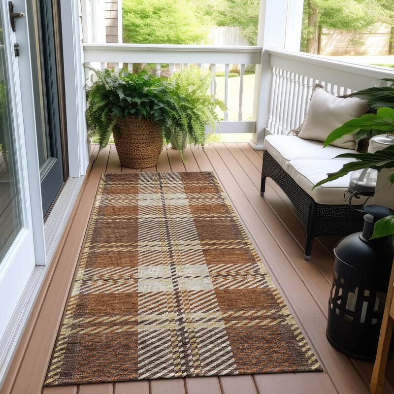 Machine Washable Indoor/ Outdoor Chantille Plaid Cozy Rug - Chocolate - 2'3" x 7'6"