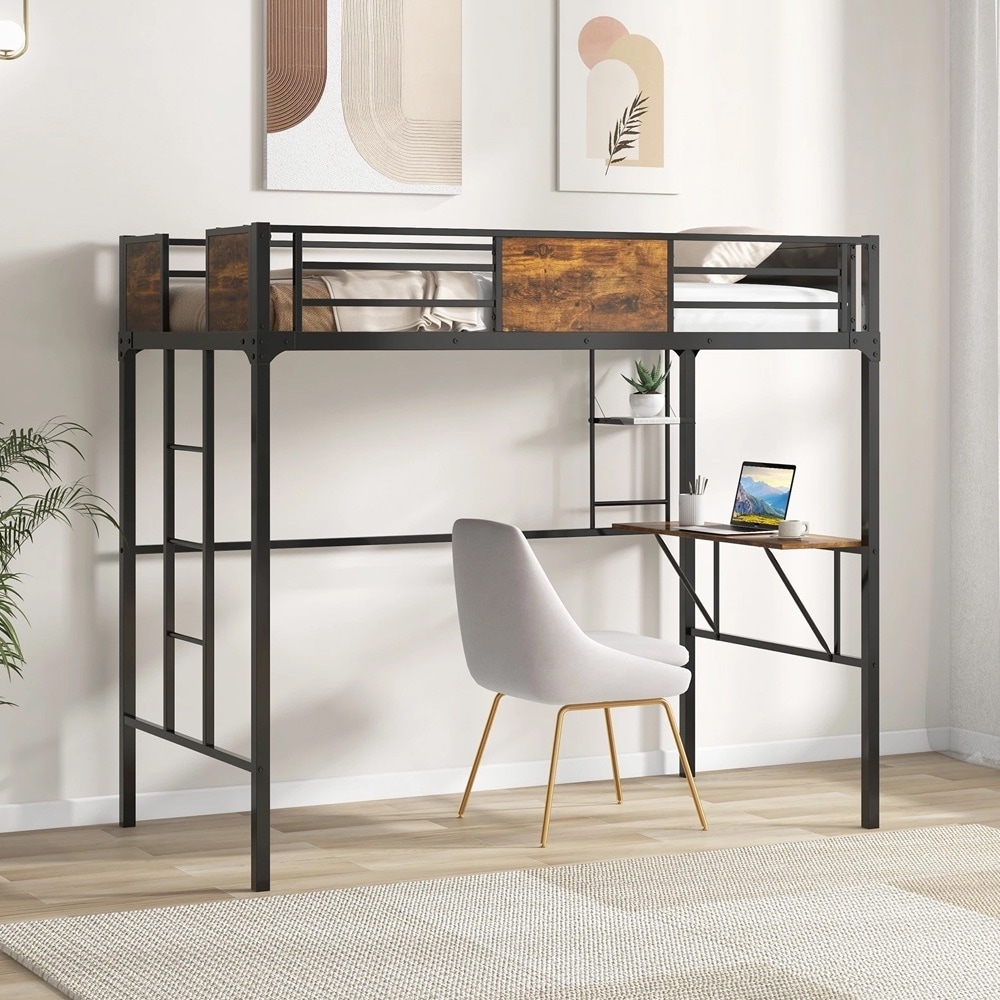 Twin Loft Bed Desk & Shelf Safety Guardrail & Ladder Space-saving