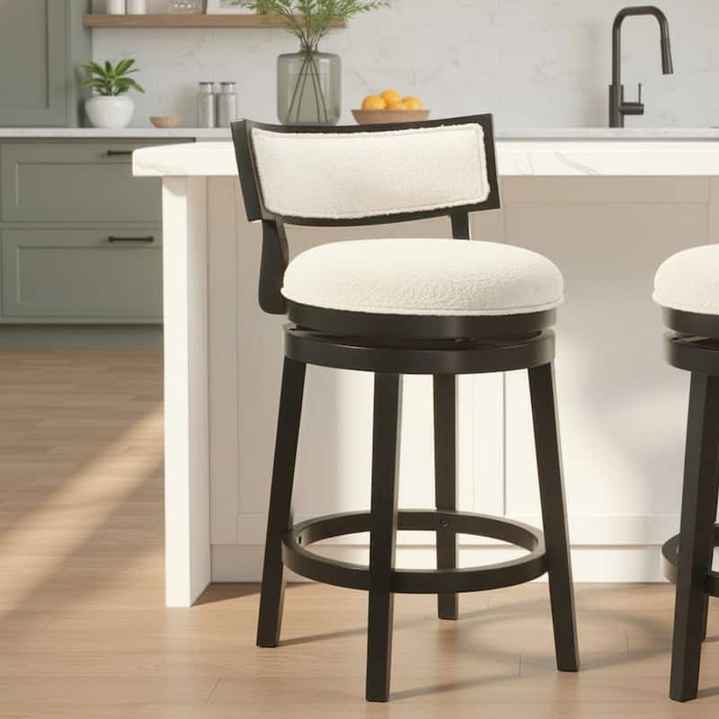 Noely Modern Farmhouse Swivel Wood Counter Height Kitchen Bar Stool with White Boucle Fabric Upholstered Seat - Set of 2 - White/Black - Counter Height