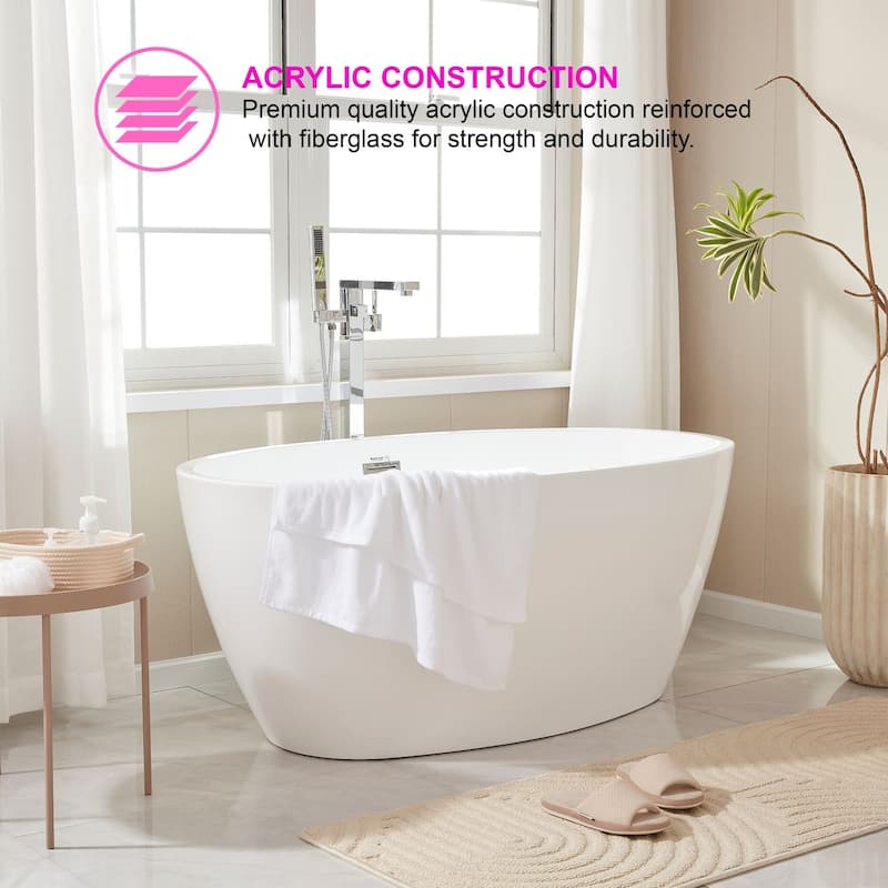 Vanity Art 55" Freestanding Acrylic Soaking Bathtub with Slotted Overflow & Pop-up Drain