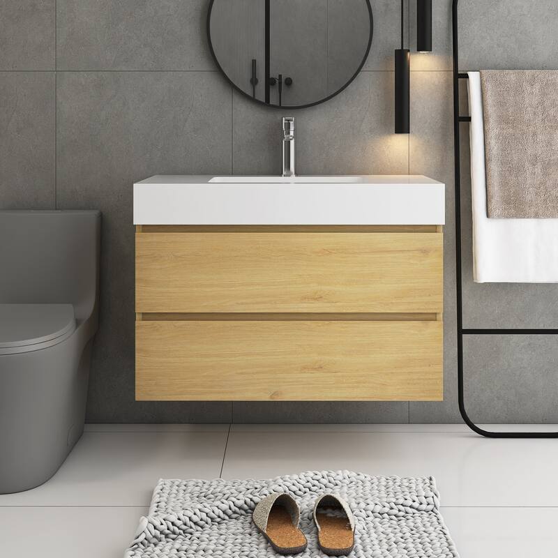 24/30/36 inch Wall-Mounted Bathroom Vanity Set in Oak with Integrated Resin Sink