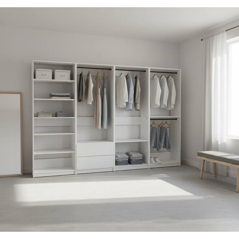 Prosper White Freestanding Walk in Wood Closet System - 125.6"W x 15.7"D x 83" H