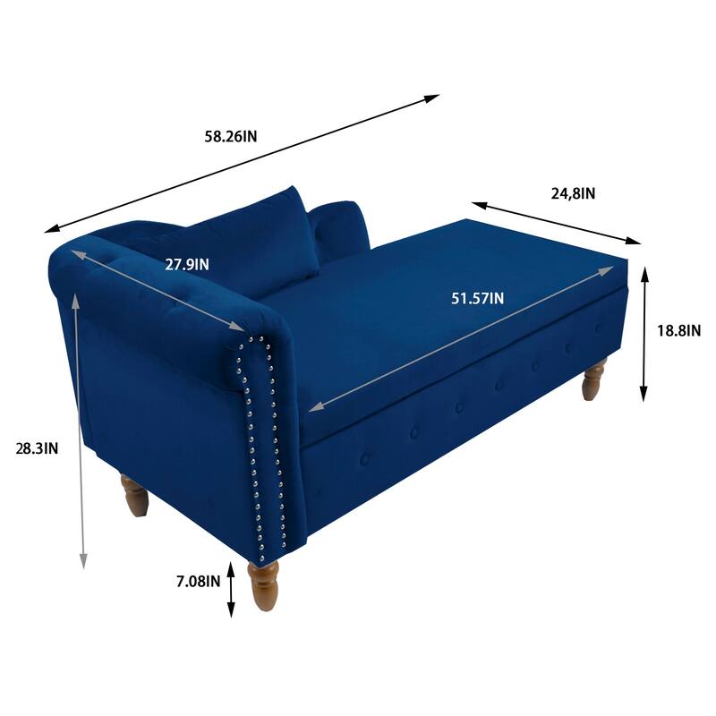 Velvet Upholstered Rolled Arm Chaise Lounge with Storage and Pillow