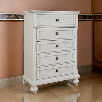 Lea 48 Inch Tall Dresser Chest, 5 Gliding Drawers, Wooden Bun Feet, White