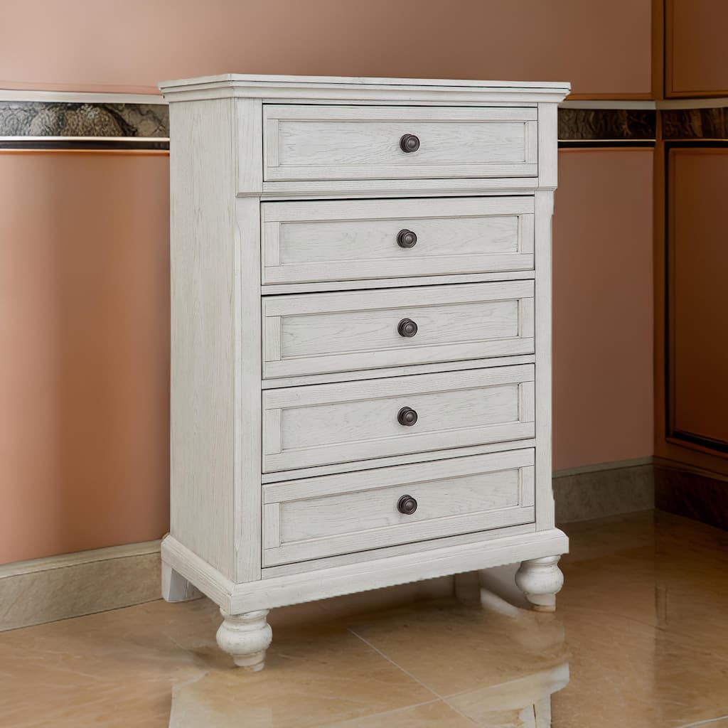 Lea 48 Inch Tall Dresser Chest, 5 Gliding Drawers, Wooden Bun Feet, White