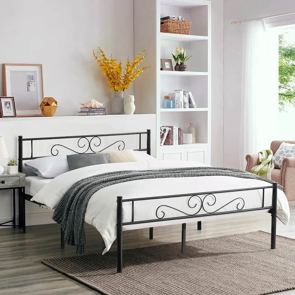 Modern Platform Bed Frame with Premium Graceful Scroll Headboard Twin/Full/Queen