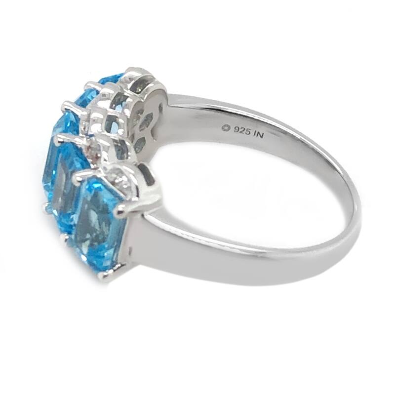 925 Sterling Silver Swiss Blue Topaz, Diamond Octagon Cut Ring