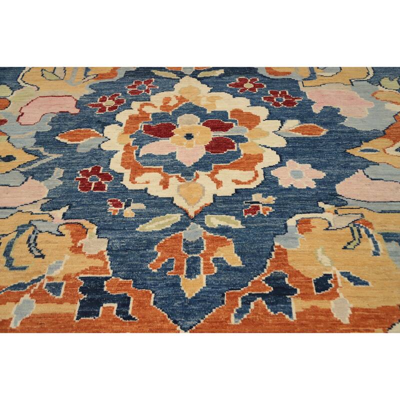 Hand Knotted Oriental 100% Wool Carpet Transitional Floral Navy Blue & Blues Oushak Area Rug - 9' 6'' X 8' 3''