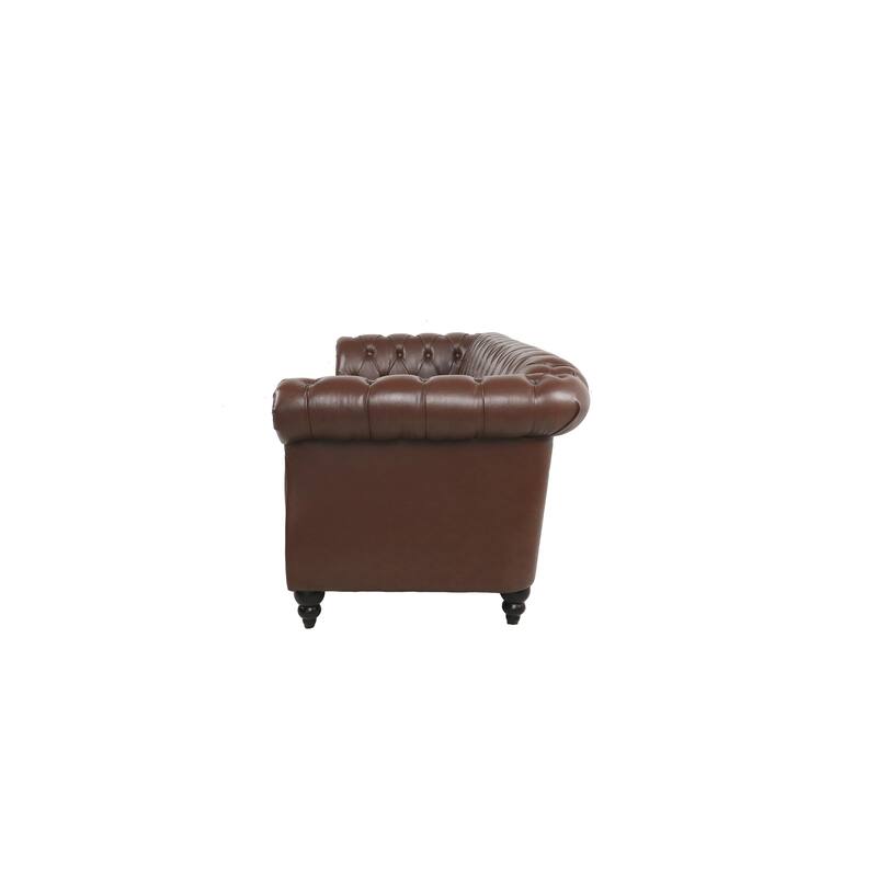 84" PU Leather 3-Seat Sofa with Silver Studs Trim, Button Tufted Back & Arms and Comfortable Cushion for Living Room