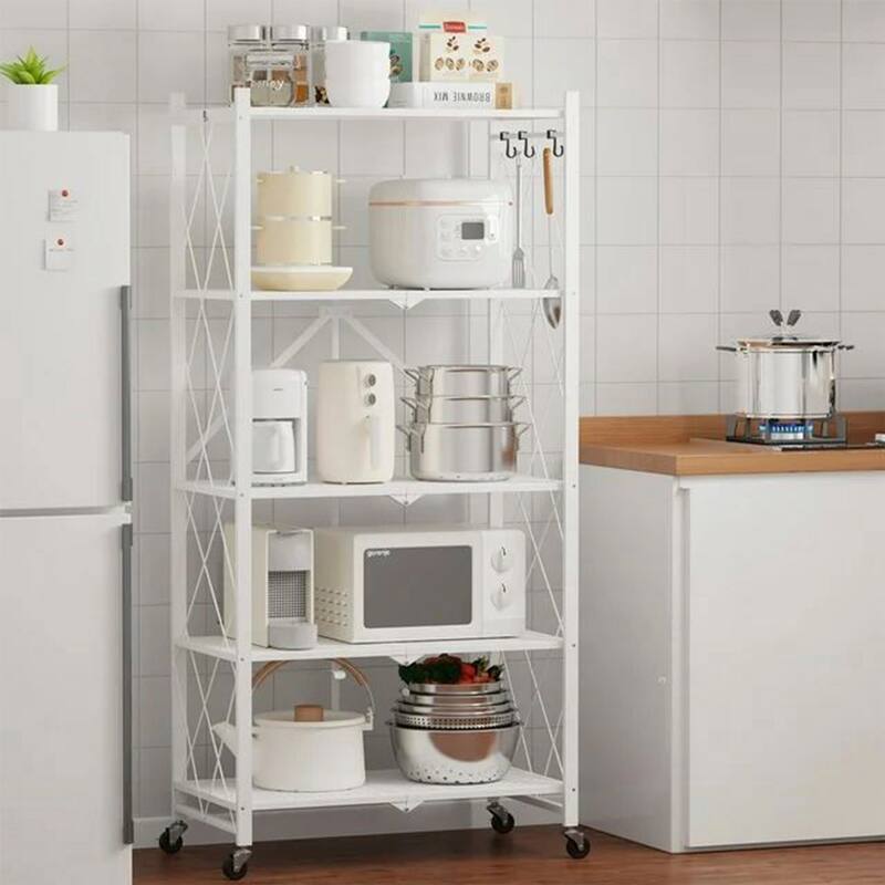 5-Tier Foldable Storage Shelving Unit, Heavy Duty Metal Kitchen Shelf with 3 Hooks