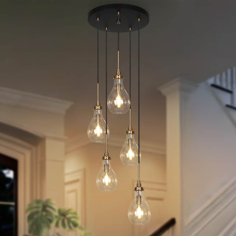 Synia Modern 5-Light Cluster Teardrop Glass Chandelier Stair Entryway Pendant Light for High Ceiling - D15'' x H18.2"-74.2'' - D15'' x H18.2"-74.2'' - Black&Plating Brass