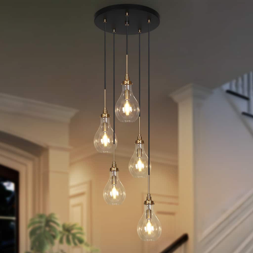 Synia Modern 5-Light Cluster Teardrop Glass Chandelier Stair Entryway Pendant Light for High Ceiling - D15'' x H18.2"-74.2''