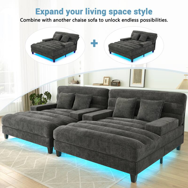 Smart Adjustable Chenille Chaise Lounge Sofa with RGB LED Lights by Harper&Bright Designs