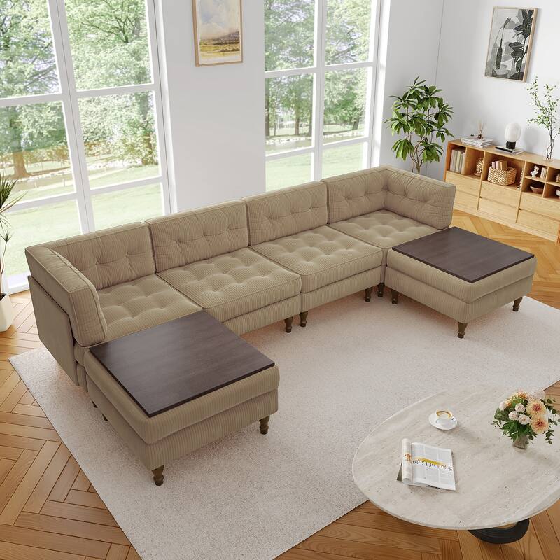 130"W Corduroy Upholstered Modular Sectional Sofa with Storage Ottoman