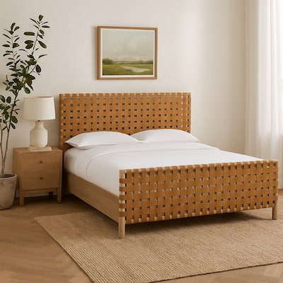 Dory Queen Size Bed Hand Woven Headboard Faux Leather Upholstery Brown