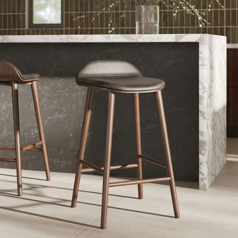 Poly & Bark Notello Leather Counter Stool - 26" Seat Height Solid Oak Wood Frame
