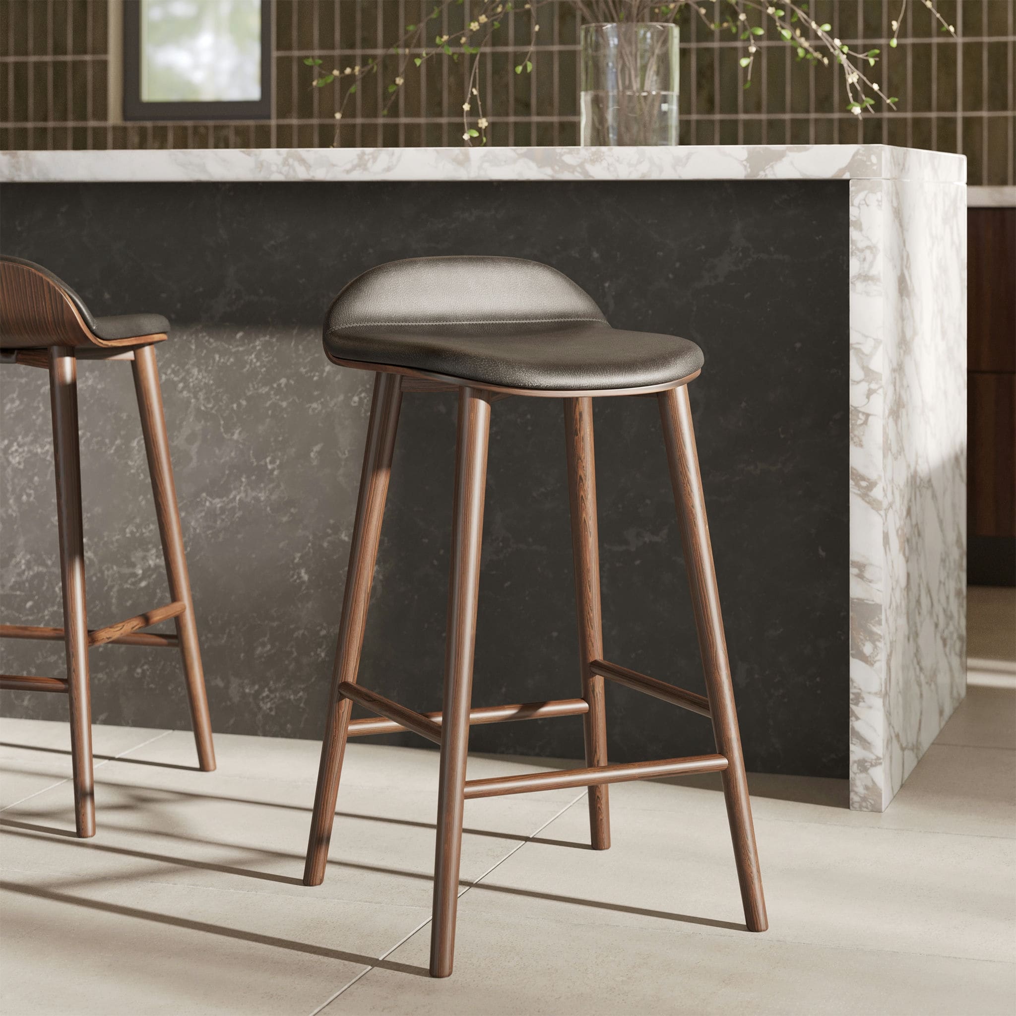 Poly & Bark Notello Leather Counter Stool - 26" Seat Height Solid Oak Wood Frame