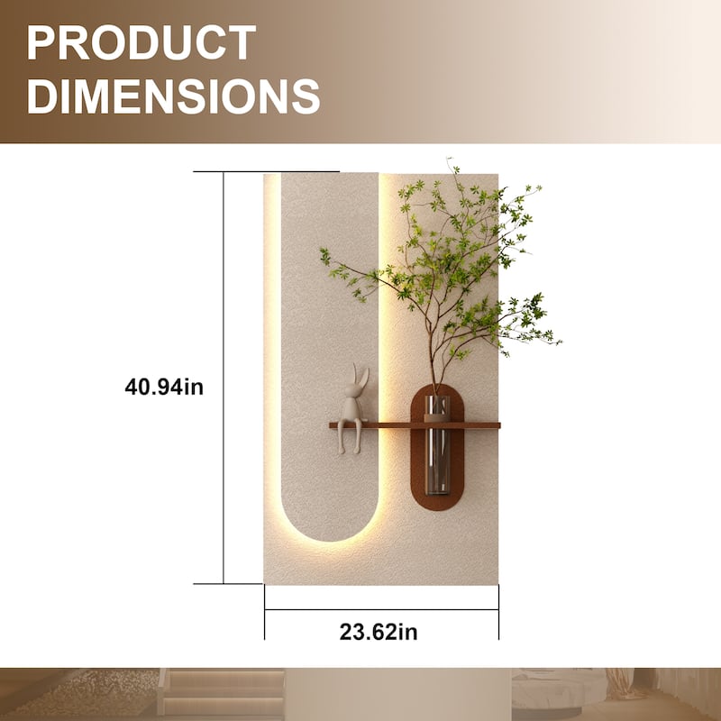 Adjustable 3-Color LED Sandstone Wall Decor with Simulated Plants -3D Art Sculpture,Glass Vase & Rabbit Statue,Remote Control