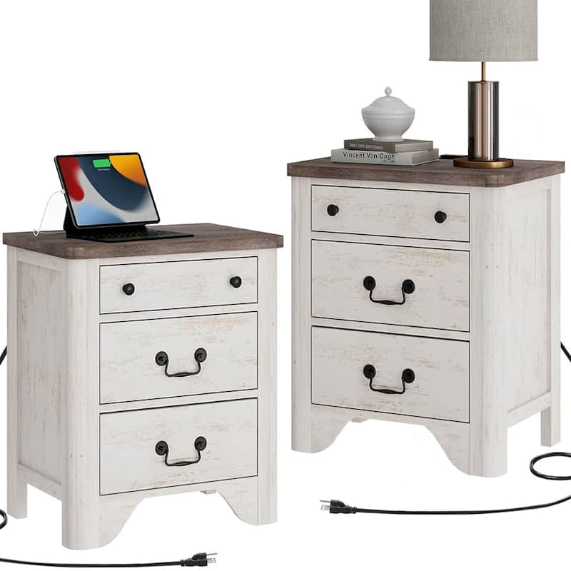 Farmhouse Nightstand with Charging Station, Modern Wood Nightstand - white - 6-drawer