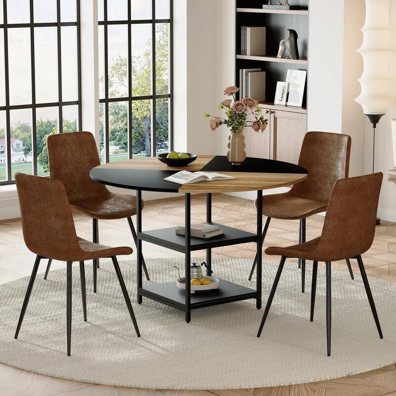 5-Piece Round Dining Table with Double Layer Storage, Wood and Black Fan Panels, Ergonomic Fabric Chairs, Anti-Slip Feet