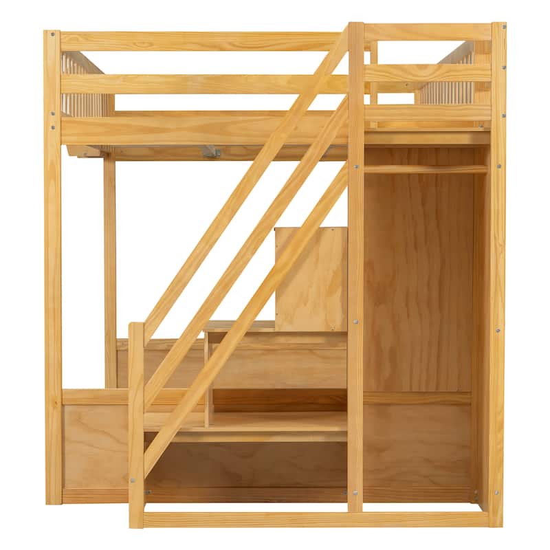 GDFStudio - StoreStep Modern Wooden Queen Loft Bed with Staircase, Wardrobe and Storage Shelves