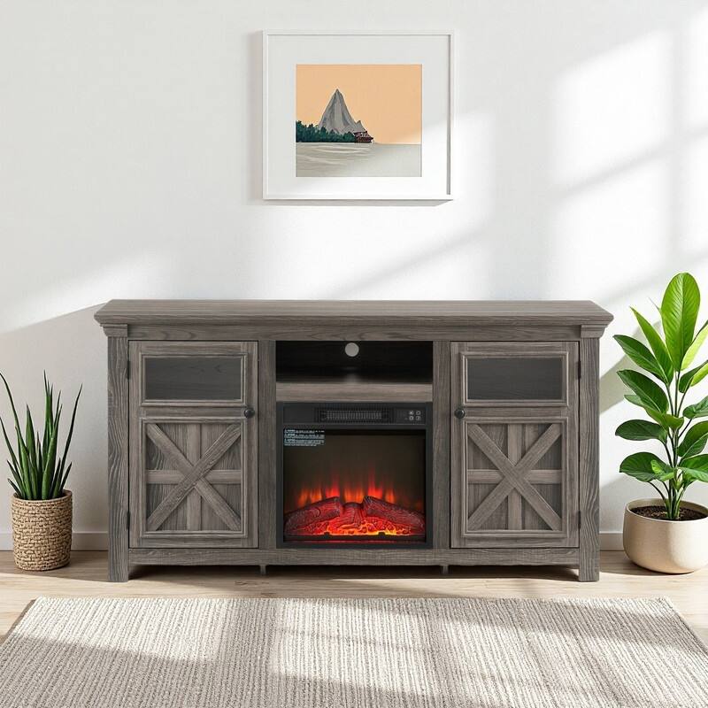 58-60" Fireplace TV Stand for 55-65" TVs w/ 18-23" Insert Farmhouse/Modern/Rustic Barn/Glass Doors Espresso/Grey/Brown/White Oak
