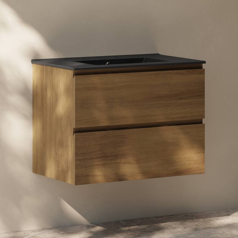 Liberte 30" Wall-Mounted Bathroom Vanity In Brown Oak With Black 3-Hole Widespread Sink Top - 30