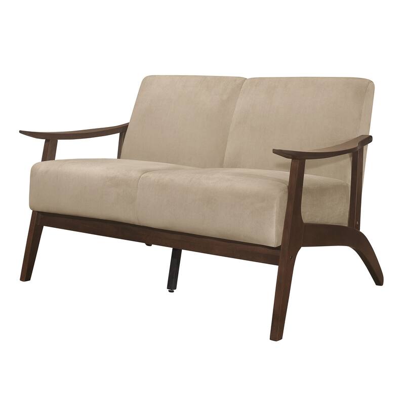 Rica 51 Inch Loveseat, Curved, Soft Beige Velvet, Walnut Brown Solid Wood