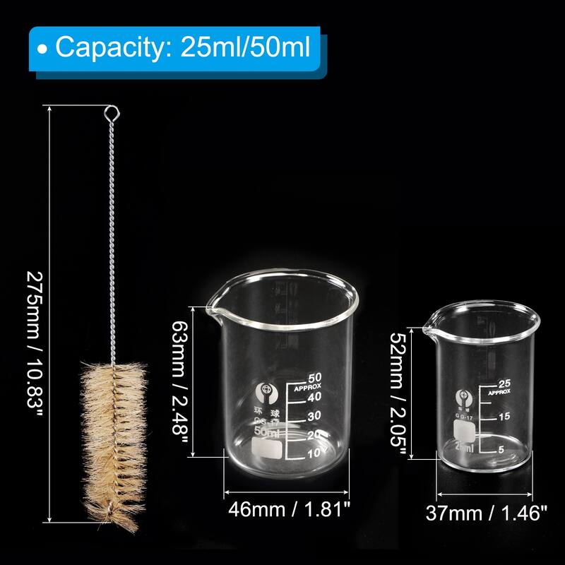 25ml 50ml Low Form Glass Beaker with Brush, 3.3 Glass Graduated Measuring Cups - Transparent - Transparent