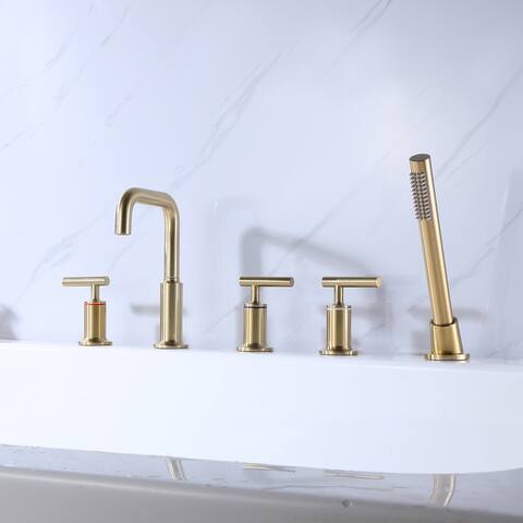Luxury 2-Way 3-Handle Deck Mounted Bathroom Tub Faucet With Handheld Showerhead in Golden Brushed