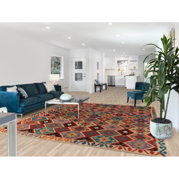 Geometric Kilim Oriental Area Rug Hand-Woven Multi-Color Wool Carpet - 8'9"x 9'7"