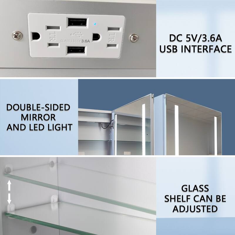 ExBrite 3 Touch Switch LED Lighted Bathroom Medicine Cabinet with Mirror, Recessed or Surface Mount, Defog, Stepless Dimming