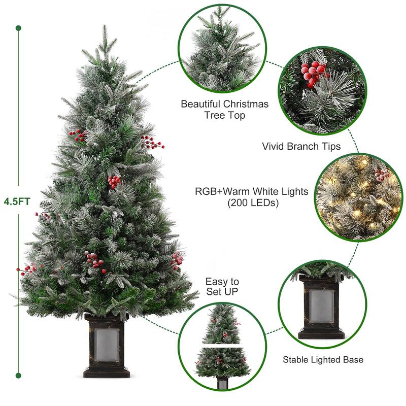 4.5 Ft Artificial Christmas Tree with 200 Warm White LED Lights and Red Berries Potted Base Holiday Xmas Tree