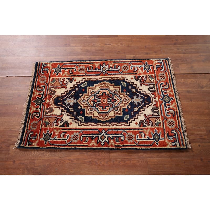 Navy Blue Heriz Serapi Accent Rug Hand-Knotted Oriental Wool Carpet - 2'0" x 3'0"