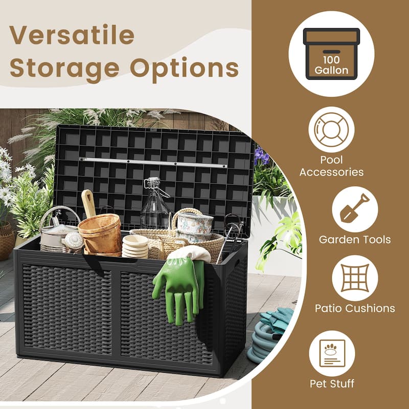 100 Gallon Outdoor Lockable Lid Deck Box with Wheels and Bench Seating for Patio Storage or Backyard Use