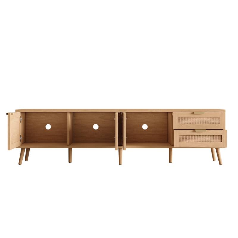 PE Rattan Doors TV Cabinet TV Stand for TVs up to 80", Media Storage Cabinet TV Console with 2 Drawers & Solid Wood Legs