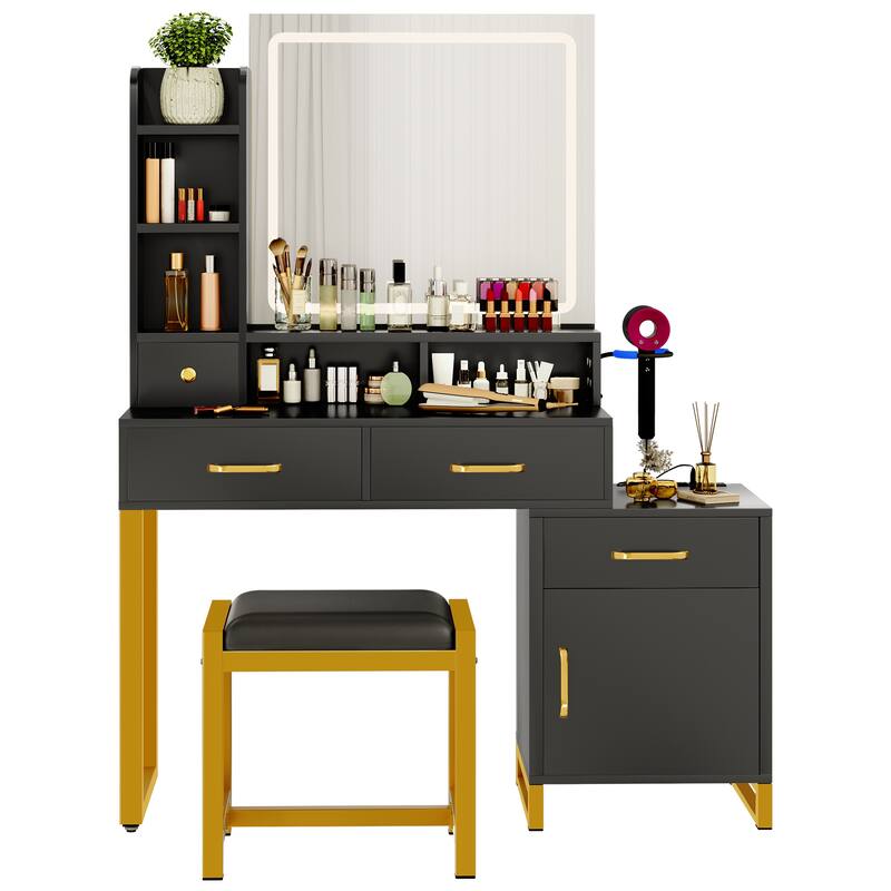 42.1" Mirror Makeup Vanity Table with Stool and Light Strip - 42.1''L x 15.3''W x 53.9''H - Black
