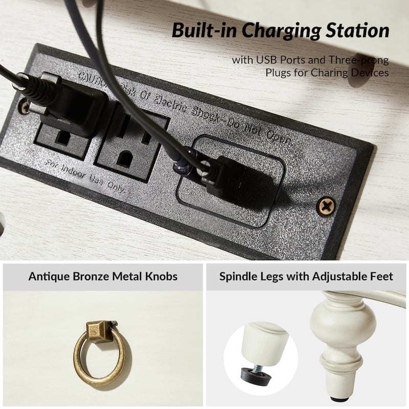 Alois Traditional 28''W 3-Drawer Curves End Table with Built-in Charging Station and Solid Wood Spindle Legs by HULALA HOME