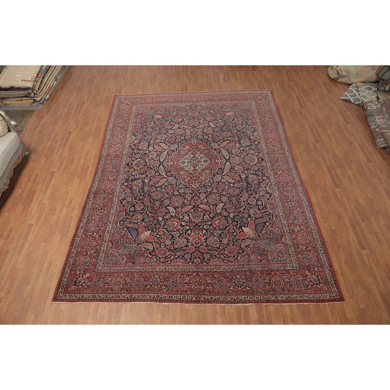 Hand Knotted Oriental 100% Wool Carpet Traditional Floral Navy Blue & Blues Kashan Area Rug - 14' 2'' X 10' 0''