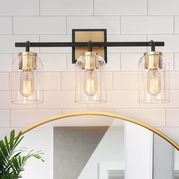 slide 2 of 25, Modern Farmhouse Bathroom Vanity Light Black Gold Cylinder Glass Wall Sconce 3-Light