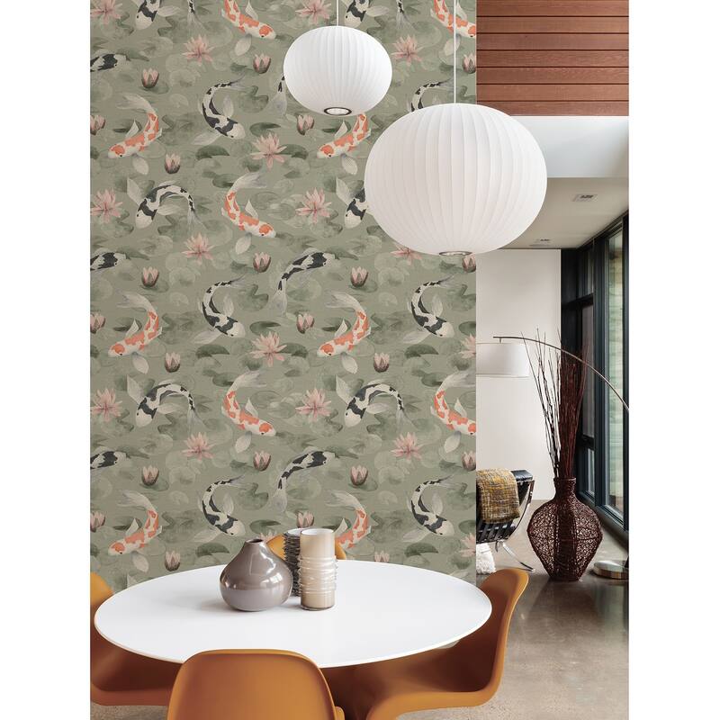 Advantage Nobu Green Koi Fish Wallpaper - 20.9in x 396in x 0.025in - 20.9in x 396in x 0.025in