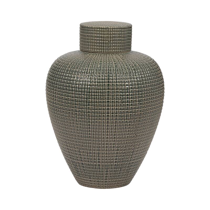 Sagebrook Home Dempsey Green Lidded Jar - Stoneware, Green, Checkered, Bud, Elegant Color, Perfect Accent Piece