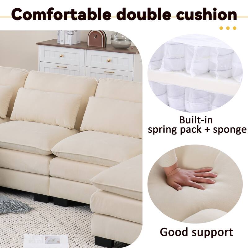 U Shape 111.8"Modern Comfort Combination Sectional Sofa,4-seat Velvet Fabric Upholstered Sofas with Chaise Lounge & Pillows